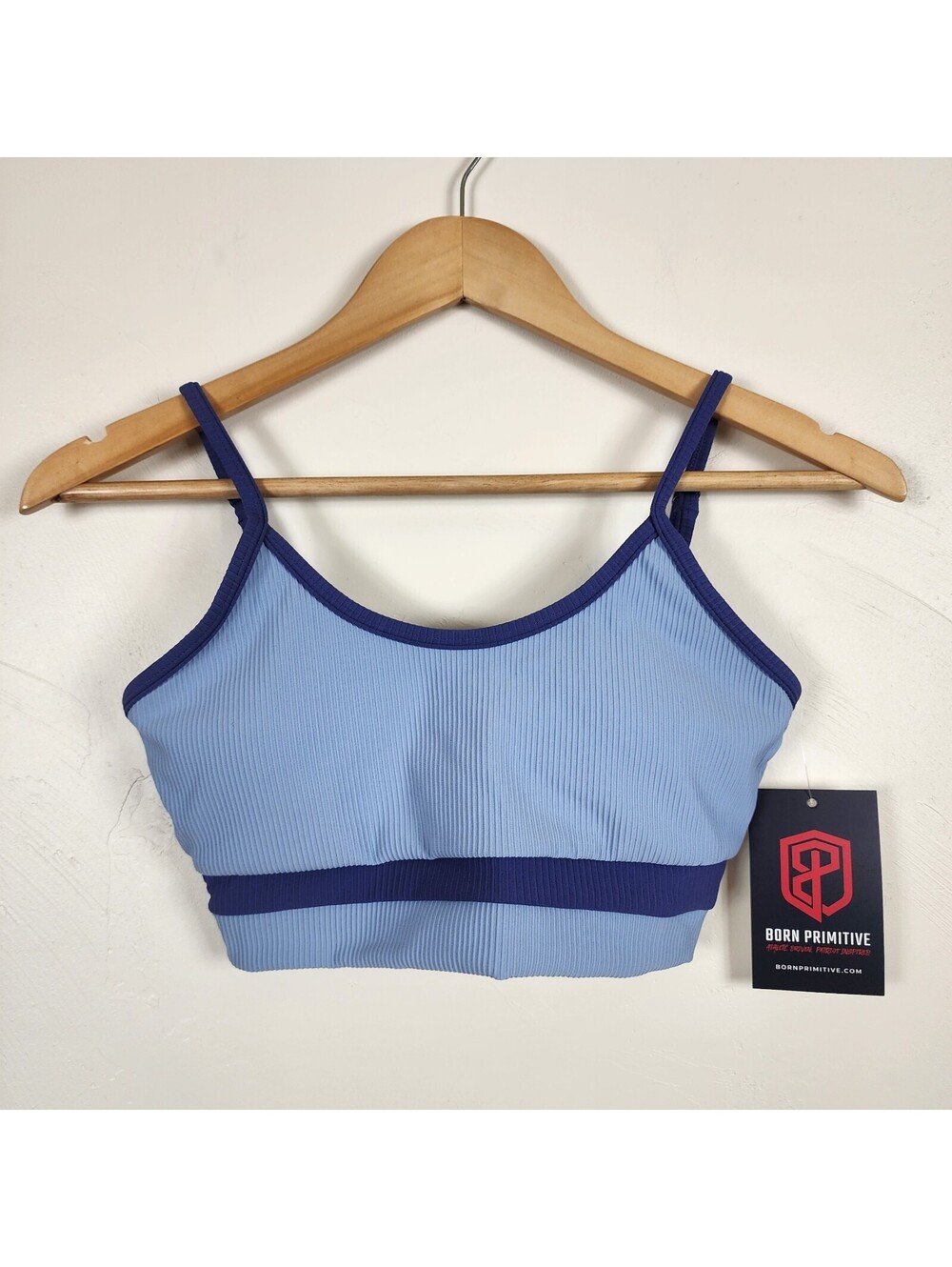 NWT Born Primitive Ribbed Sports Bra Blue Seamless Adjustable Size Small Pastel